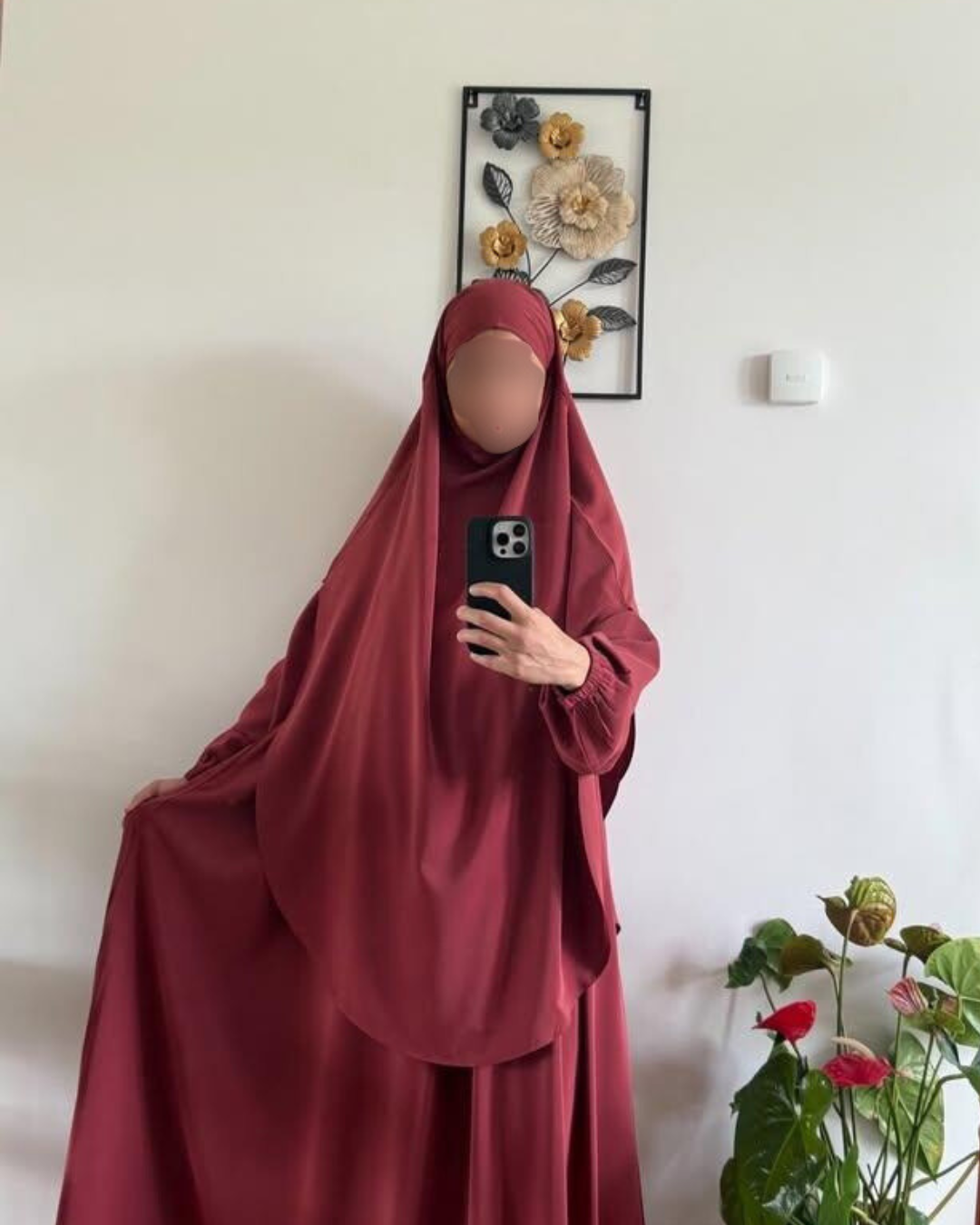 Abaya & Khimar-set -elastiska ärmar-tegelröd