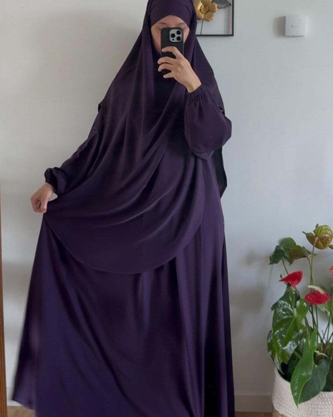 Abaya & Khimar-set -elastiska ärmar-lilla