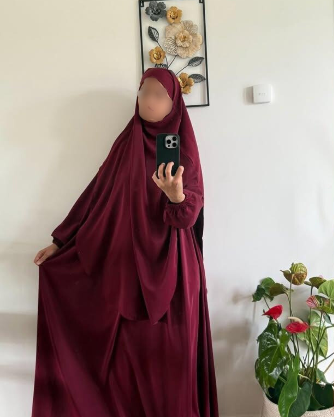 Abaya & Khimar-set -elastiska ärmar- Mörkröd