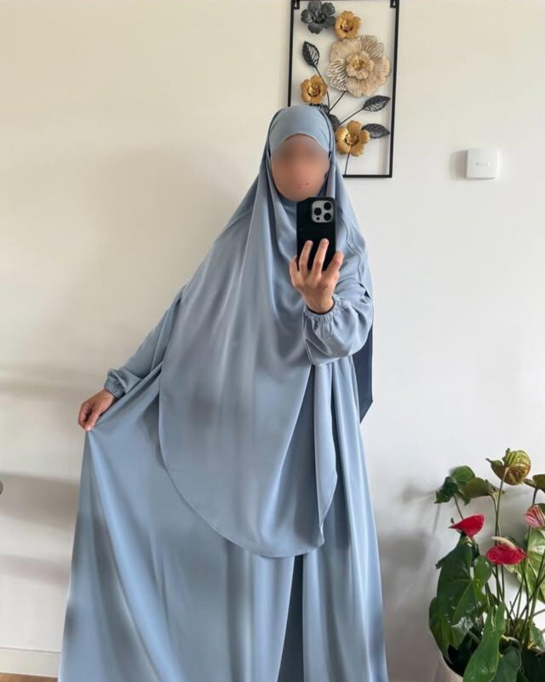 Abaya & Khimar-set -elastiska ärmar-Lightblå